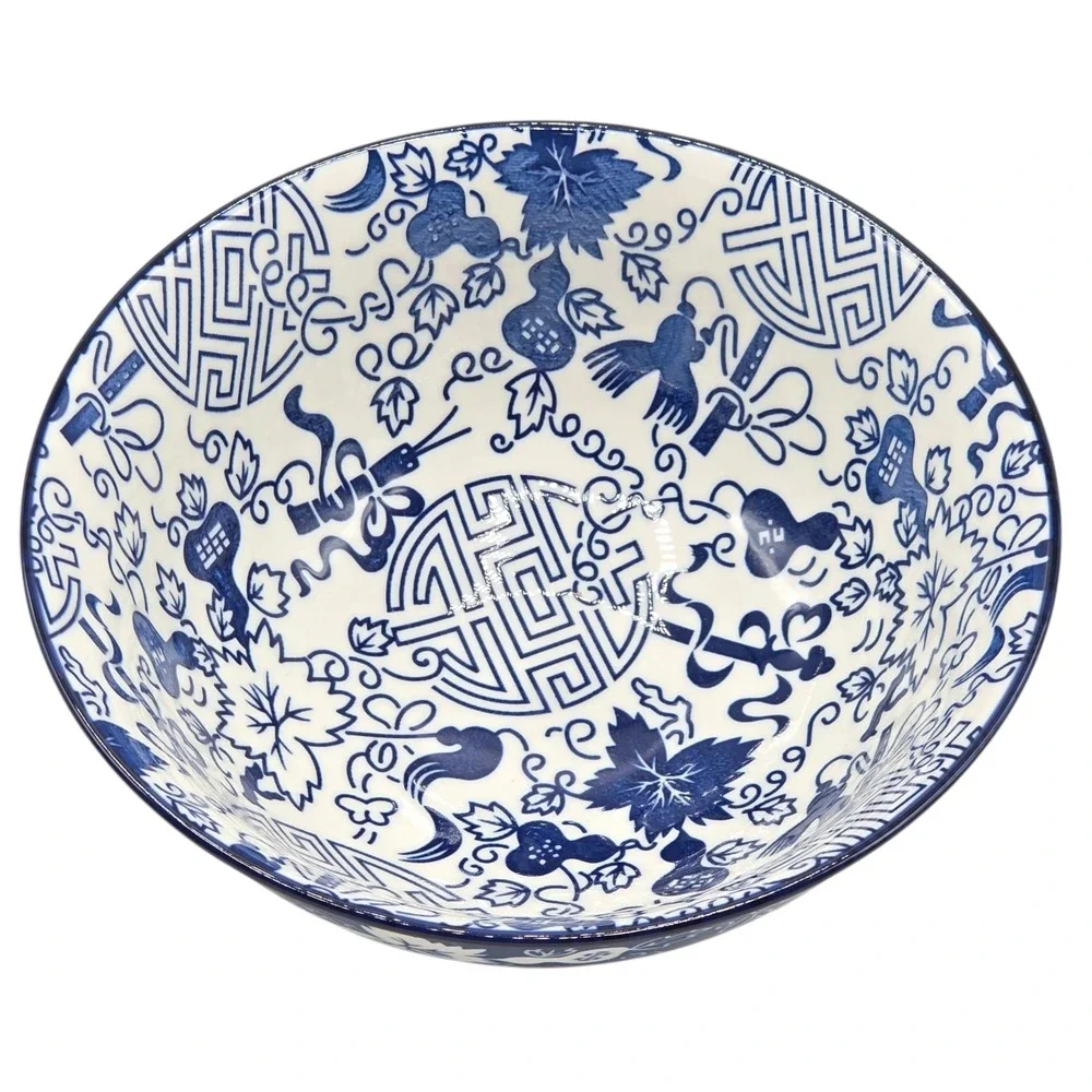 SH Home 42oz Blue Ceramic Ramen Noodle Soup Bowl Chopsticks Spoon Chinese Motifs